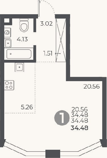 Планировка: Студия, 34,5 м²