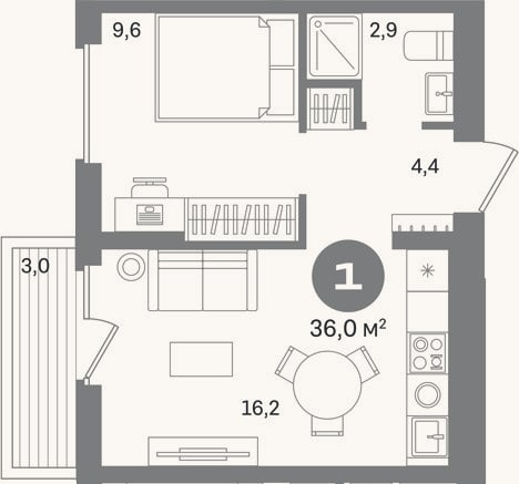 Планировка: 1-к, 33 м²