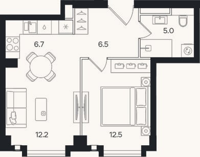 Планировка: 2-к, 42,9 м²