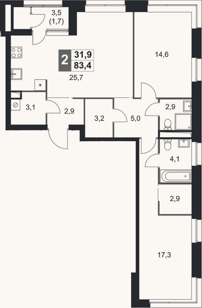 Планировка: 3-к, 81,7 м²