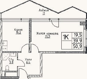 Планировка: 1-к, 39,9 м²