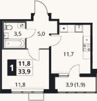 Планировка: 1-к, 32 м²