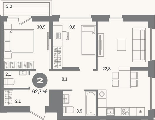 Планировка: 2-к, 59,7 м²