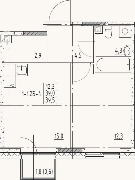 Планировка: 2-к, 39 м²