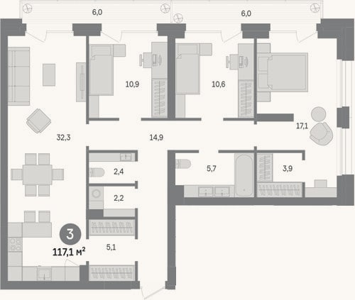 Планировка: 3-к, 105,1 м²
