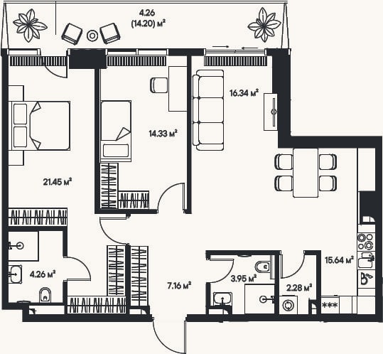 Планировка: 3-к, 85,4 м²