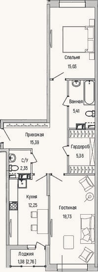 Планировка: 2-к, 74,5 м²