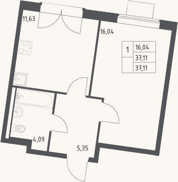 Планировка: 1-к, 37,1 м²