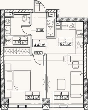 Планировка: 2-к, 39,3 м²