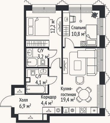 Планировка: 3-к, 61 м²