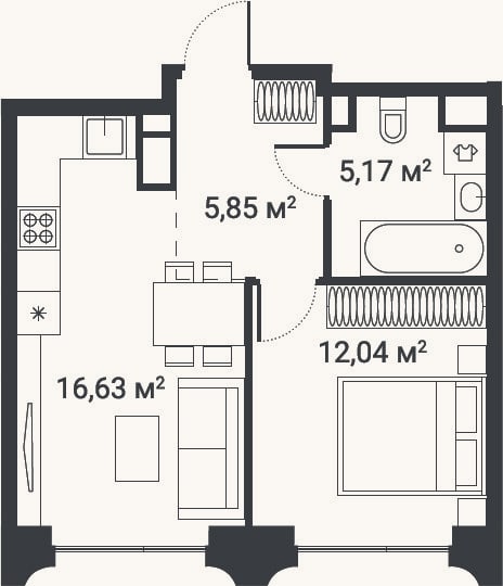 Планировка: 1-к, 39,7 м²