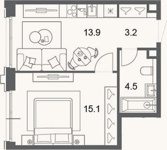 Планировка: 2-к, 36,7 м²