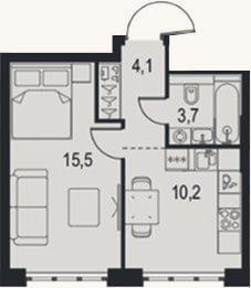 Планировка: 1-к, 33,5 м²