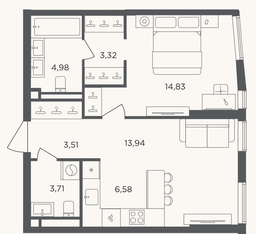 Планировка: 2-к, 50,9 м²