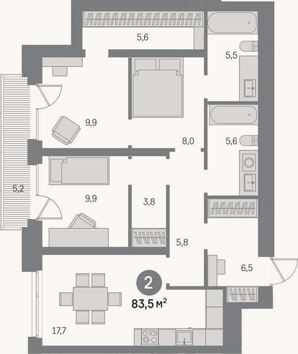 Планировка: 2-к, 78,3 м²