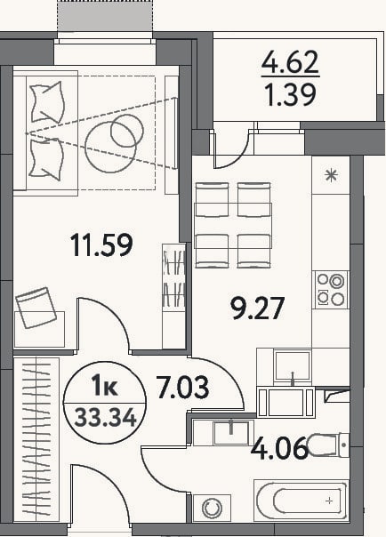 Планировка: 1-к, 32 м²