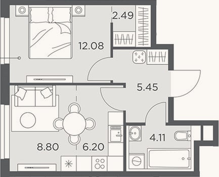 Планировка: 2-к, 39,1 м²