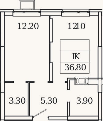 Планировка: 1-к, 36,8 м²