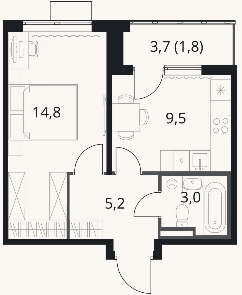 Планировка: 1-к, 32,5 м²