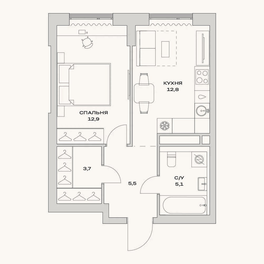 Планировка: 1-к, 40 м²
