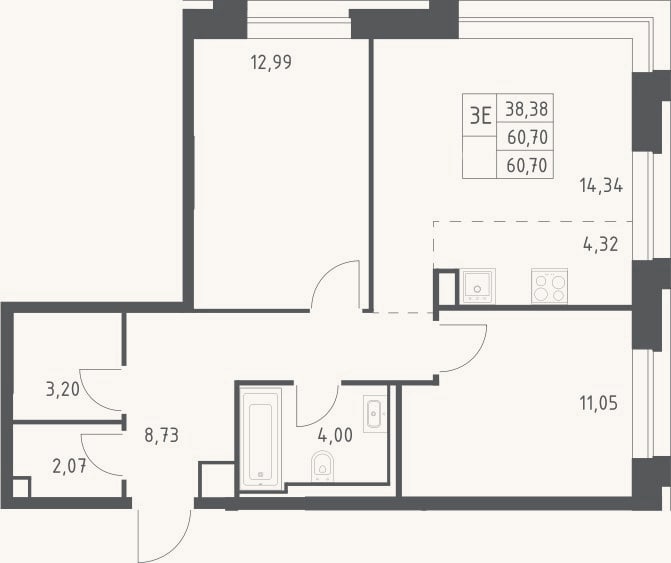 Планировка: 3-к, 60,7 м²