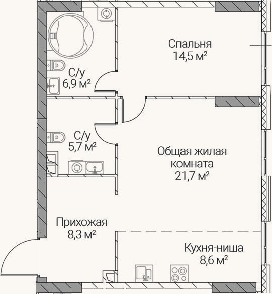 Планировка: 2-к, 65,7 м²