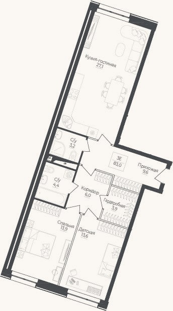 Планировка: 3-к, 83 м²