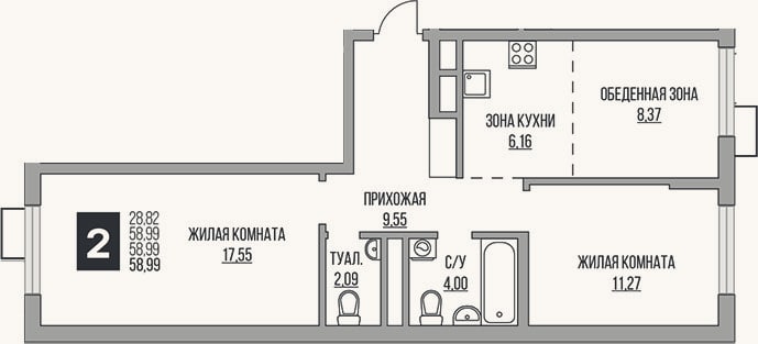 Планировка: 2-к, 59 м²