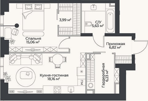 Планировка: 2-к, 55,9 м²