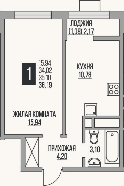 Планировка: 1-к, 34 м²