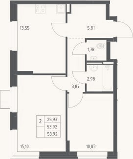 Планировка: 2-к, 53,9 м²