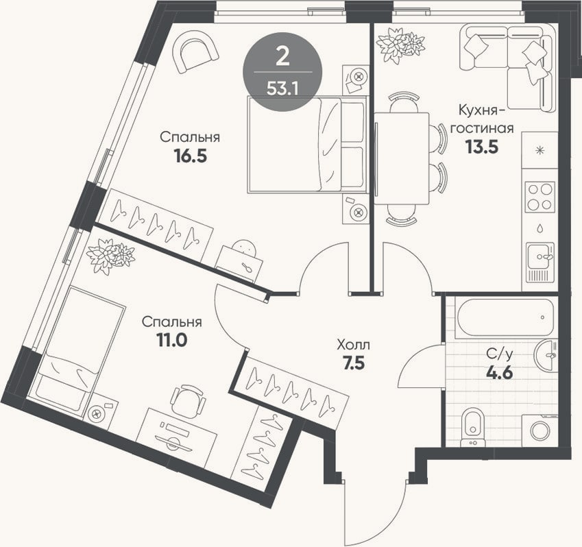 Планировка: 3-к, 53,1 м²
