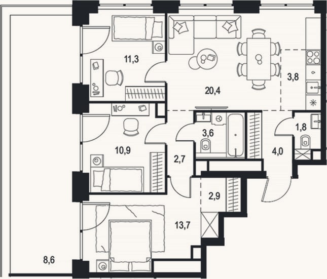 Планировка: 4+ к, 75,1 м²