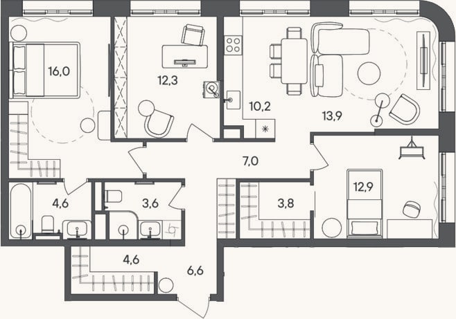 Планировка: 4+ к, 95,5 м²