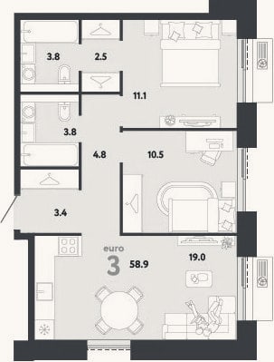 Планировка: 3-к, 58,9 м²