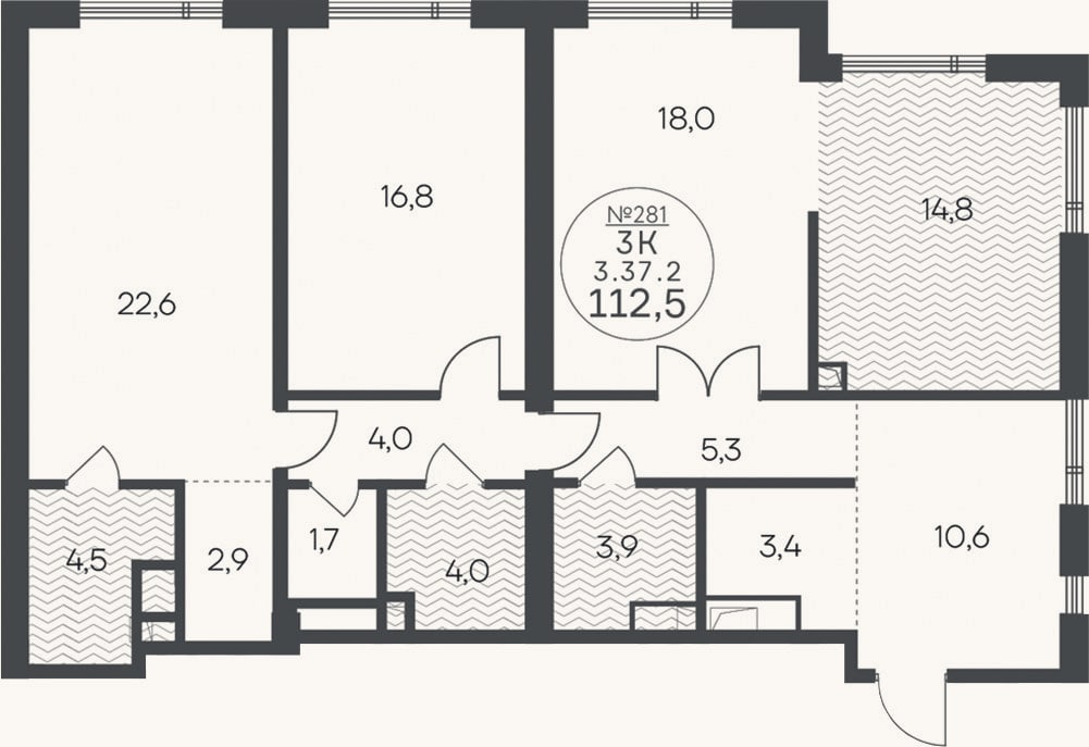 Планировка: 3-к, 112,5 м²