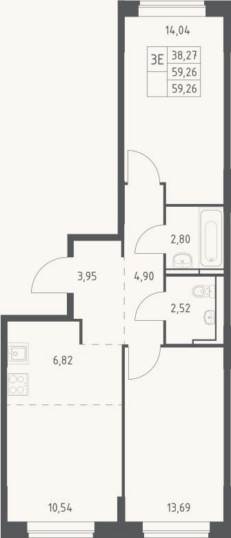 Планировка: 3-к, 59,3 м²