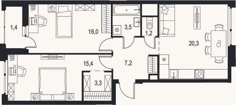 Планировка: 2-к, 66,9 м²