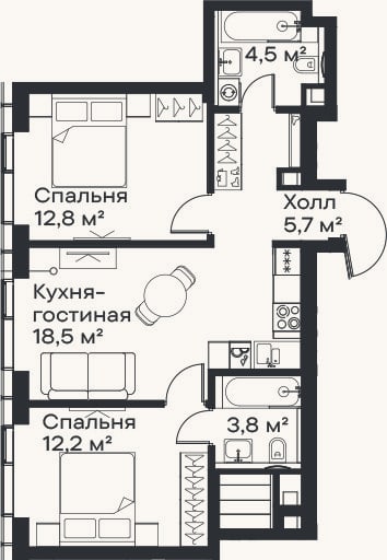 Планировка: 3-к, 57,5 м²