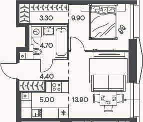 Планировка: 2-к, 41,2 м²