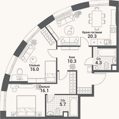 Планировка: 3-к, 72,7 м²