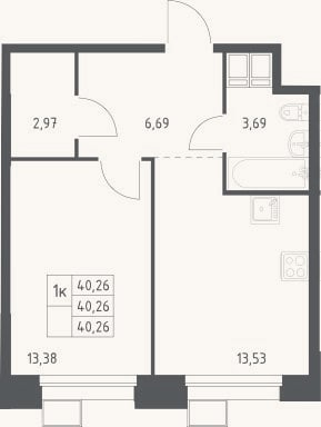 Планировка: 1-к, 40,3 м²
