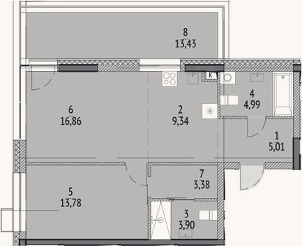 Планировка: 2-к, 57,3 м²