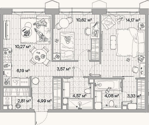 Планировка: 3-к, 64,6 м²