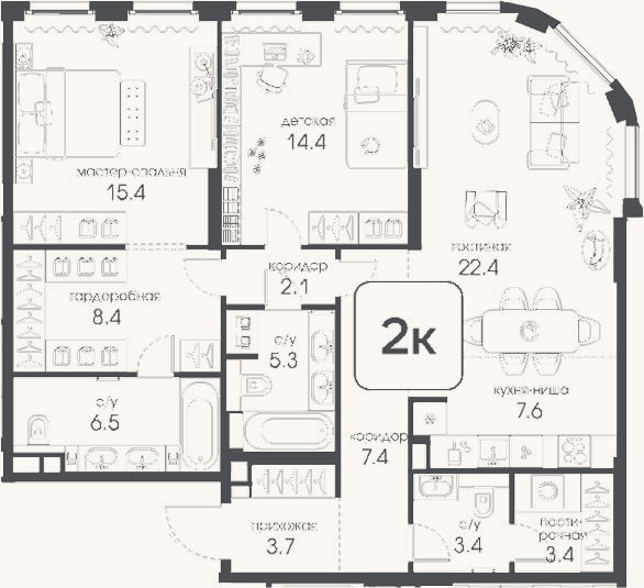Планировка: 2-к, 100 м²