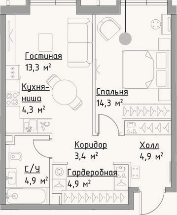 Планировка: 2-к, 50 м²
