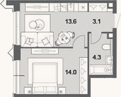 Планировка: 2-к, 35 м²