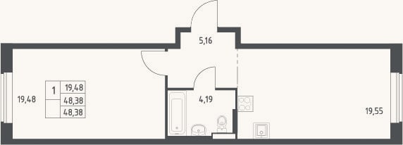 Планировка: 2-к, 48,4 м²