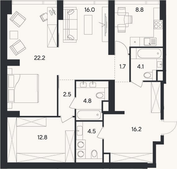 Планировка: 2-к, 93,6 м²