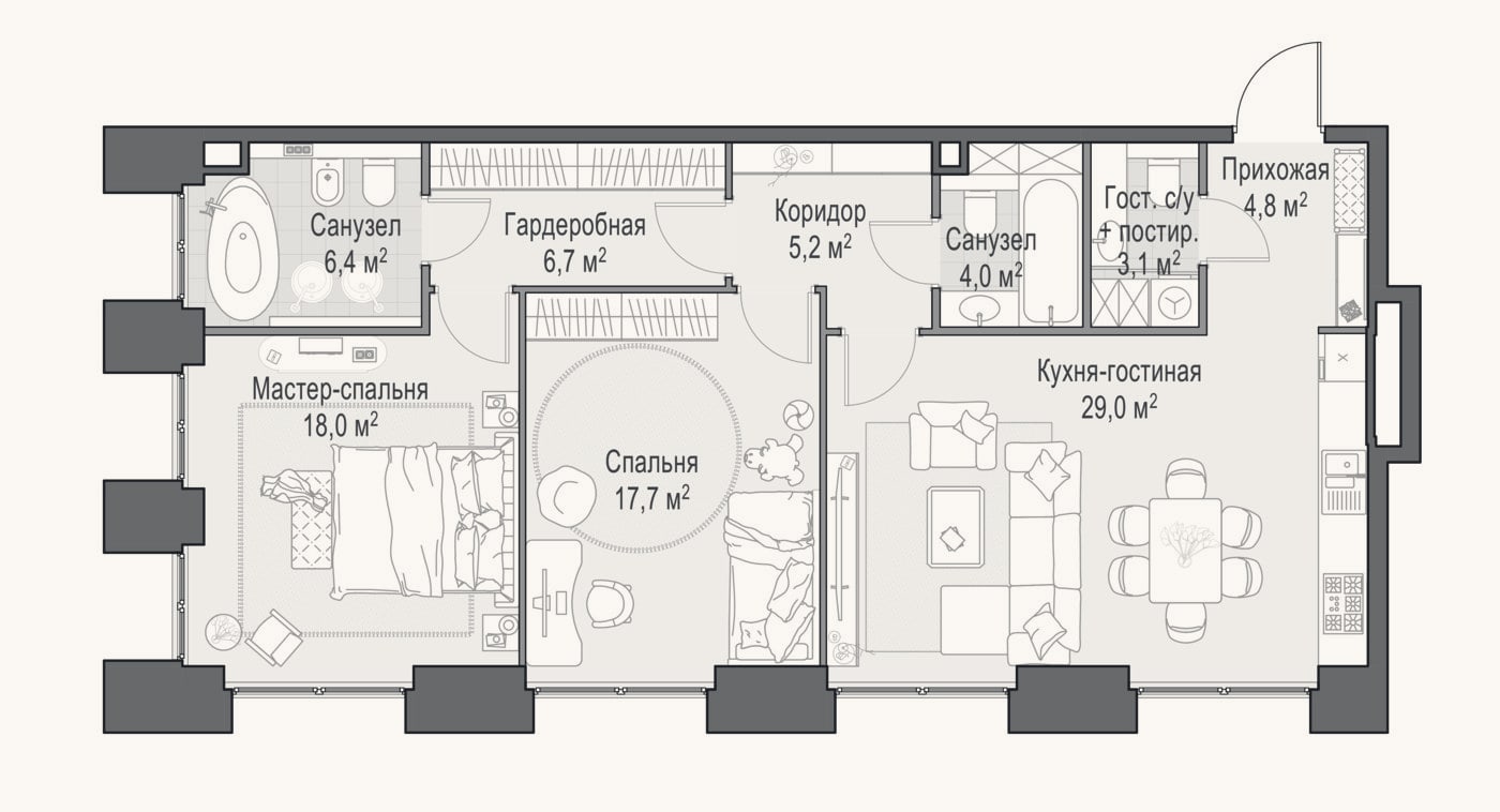 Планировка: 3-к, 95,5 м²